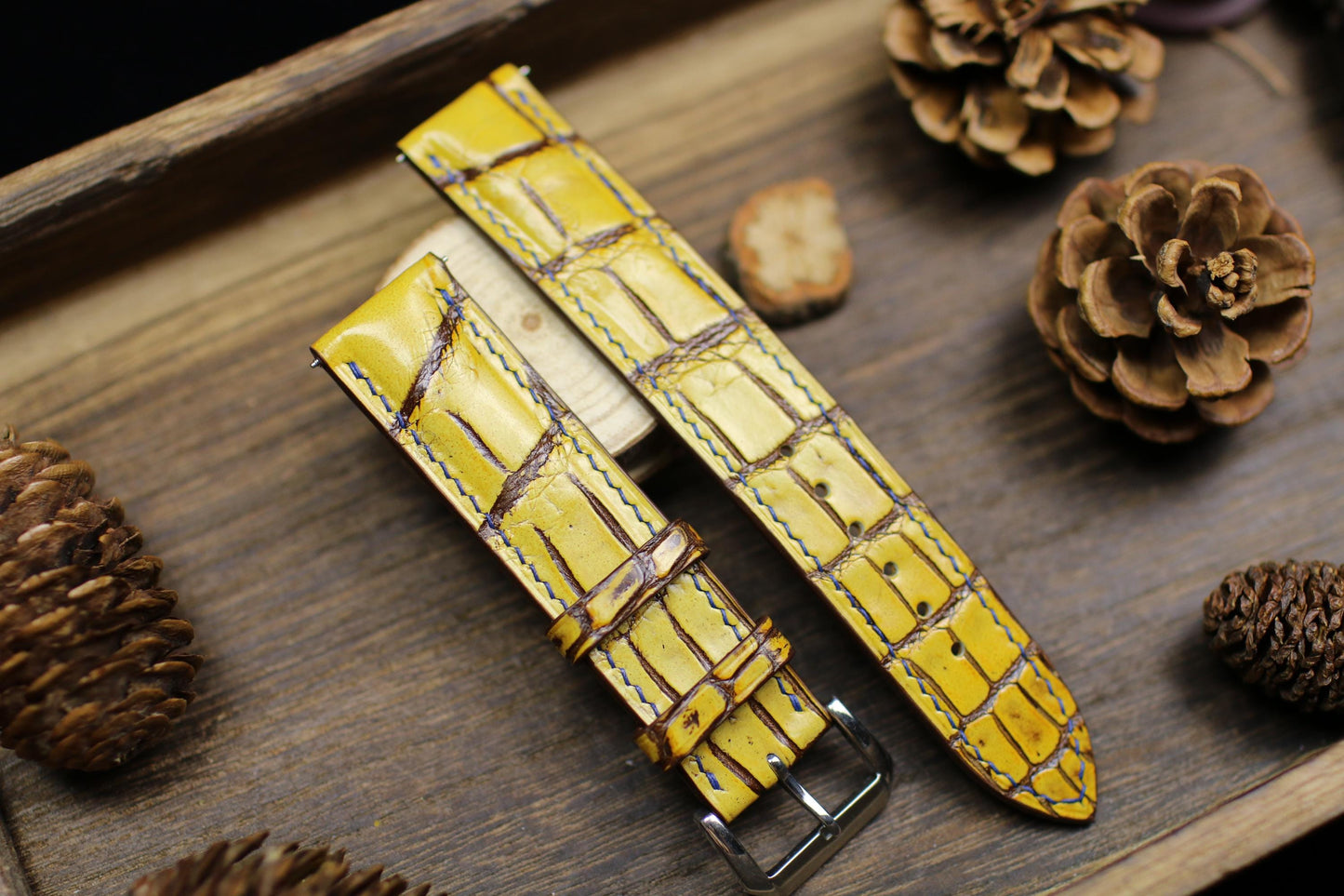 Patina Yellow Alligator Leather Watch Strap 24mm 22mm 21mm 20mm Handmade Leather Watch Band Deployant Clasp Alligator Leather 18mm 16mm 14mm