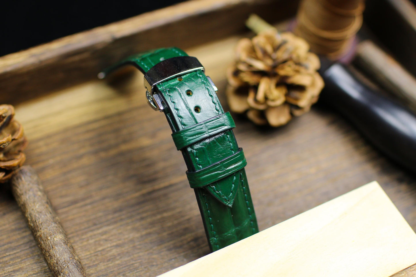 Green Alligator Leather Padded Watch Strap 24mm 22mm 21mm 20mm Handmade Leather Watch Band Deployant Clasp Alligator Leather 18mm 16mm 14mm