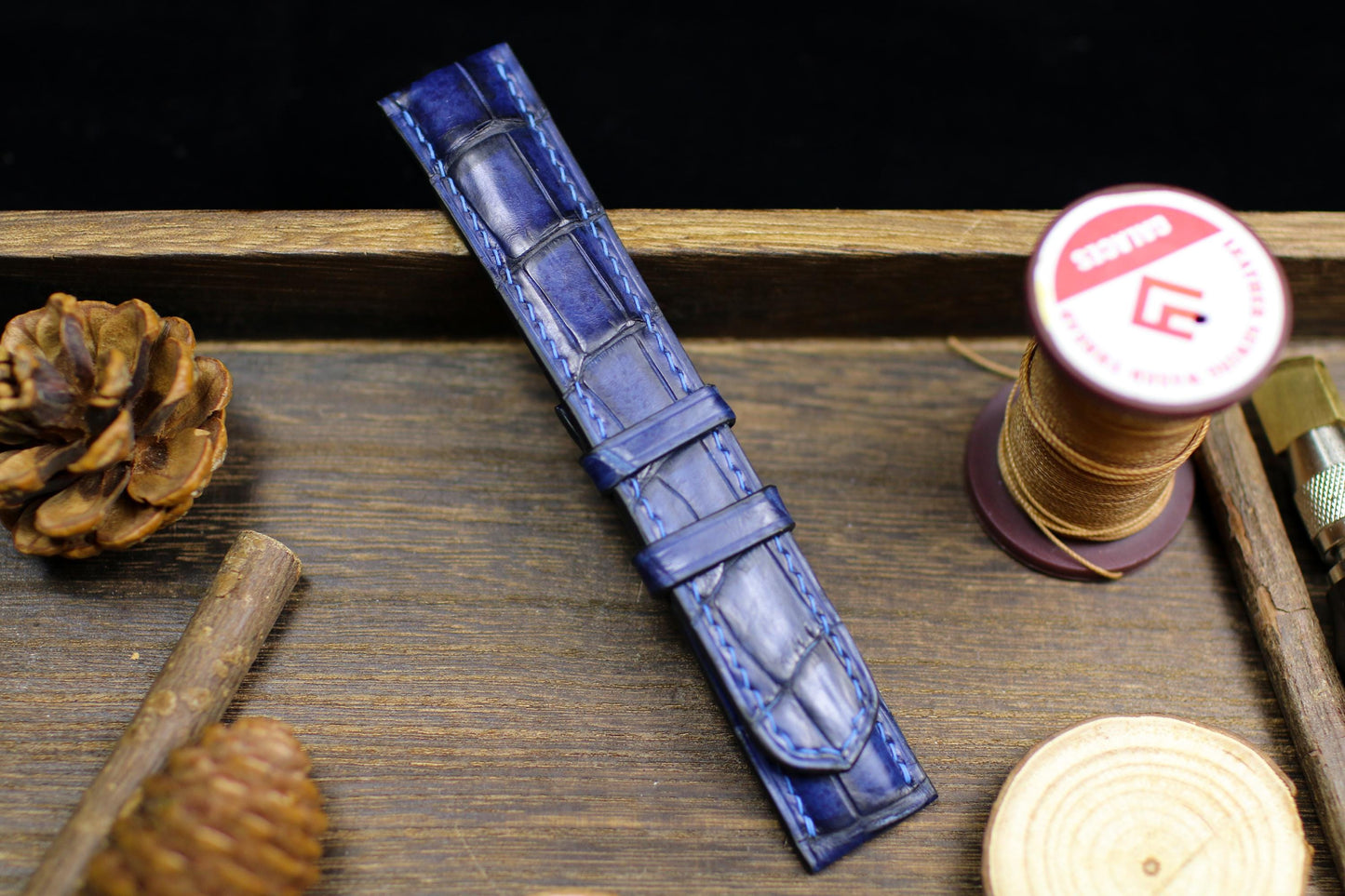 Navy Blue Patina Alligator Leather Watch Strap Size 14mm 15mm 16mm 18mm 19mm 20mm 21 22mm 23mm 24mm Leather Watch Band Butterfly Clasp Strap