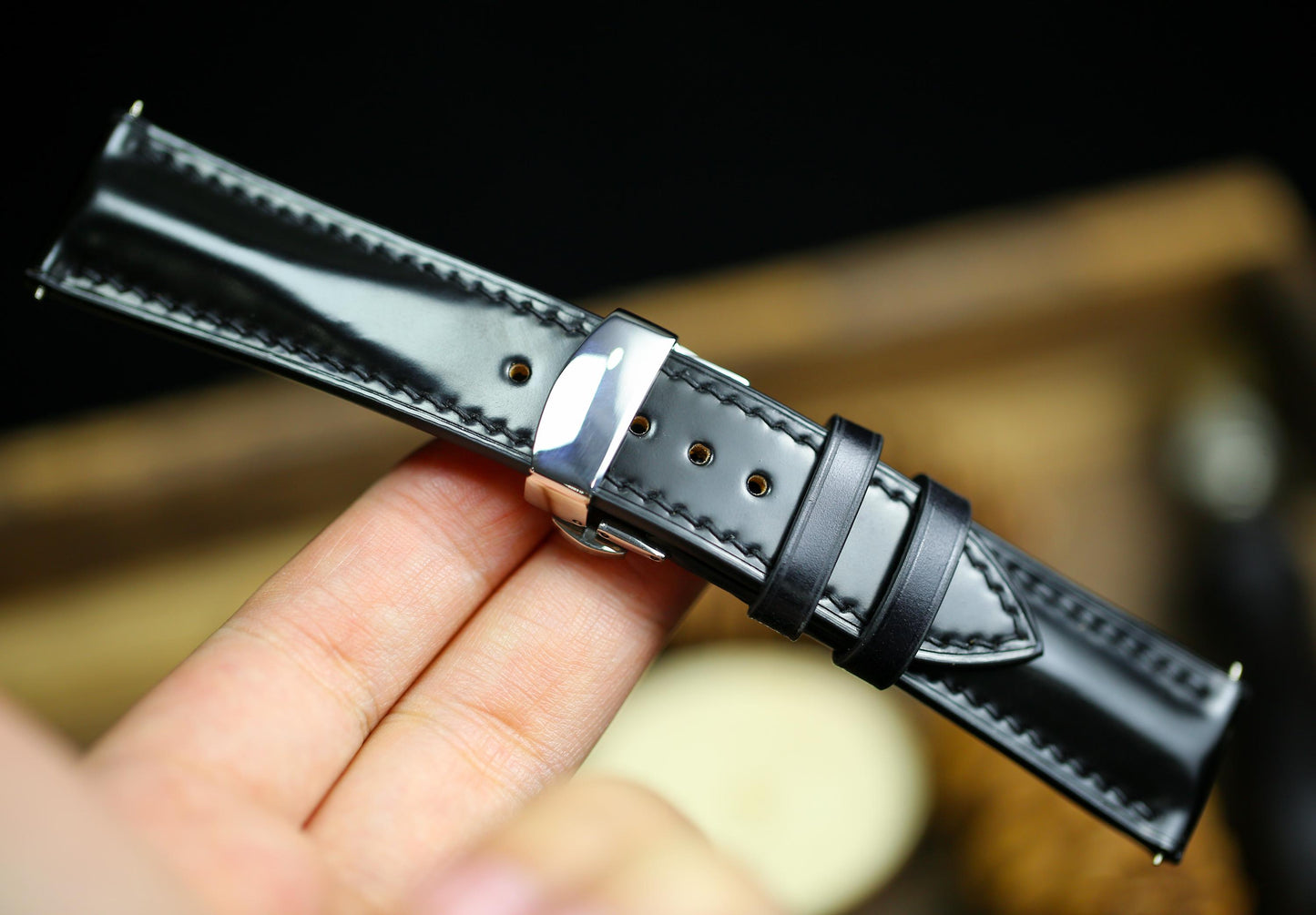 Black Shell Cordovan Leather Watch Strap 24mm 22mm 21mm 20mm Shining Leather Band Deployant Clasp Shell Cordovan Leather 18mm 16mm 14mm