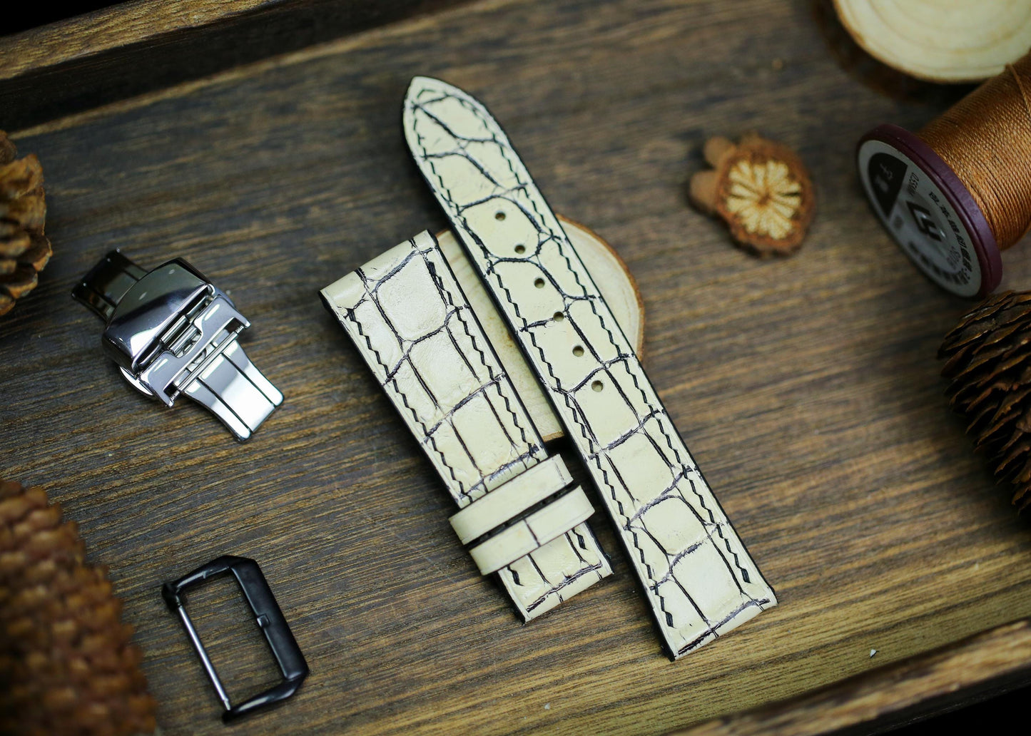 Slim Form White Cream Black Alligator Leather Watch Strap 24mm 22mm 20mm Leather Watch Band White Leather 18mm 16mm 14mm Deployant Clasp