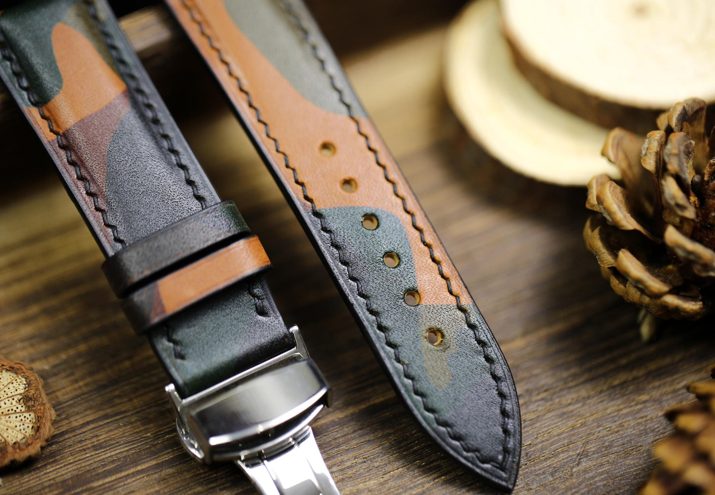 Camouflage Army Leather Watch Strap 24mm 22mm 21mm 20mm Amry Green Leather Watch Band Deployant Clasp Vachetta Leather 18mm 16mm 14mm 12mm