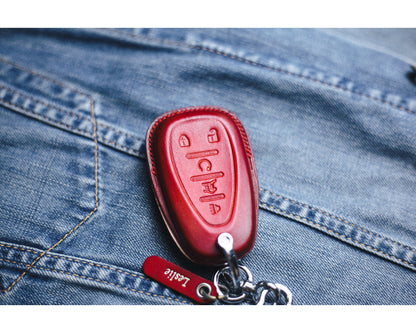 Leather Key Fob Cover Compatible with Chevy Traverse, Trailblazer, Blazer, Camaro, Cruze, Equinox, Malibu, Sonic, Spark Key Holder