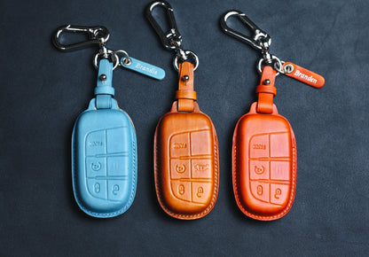 Leather Key Fob Cover Case For Dodgee Chryslerr 200 300C Charger Journey Challenge Dart Durango Renegade Keychain Keyless Remote Holder