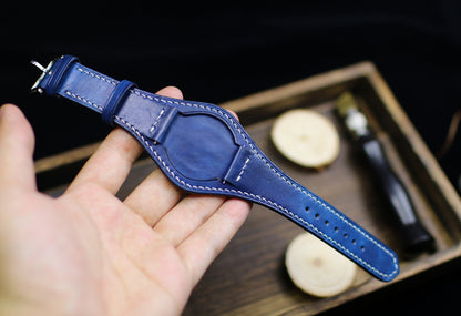 Navy Leather Bund Strap 20mm, 22mm Bund Watch Band 16mm 24mm Leather Watch Band 18mm, Leather Watch Strap Apple Band Watch , Cuff Band Strap