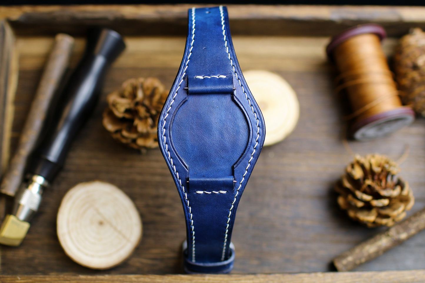 Navy Leather Bund Strap 20mm, 22mm Bund Watch Band 16mm 24mm Leather Watch Band 18mm, Leather Watch Strap Apple Band Watch , Cuff Band Strap