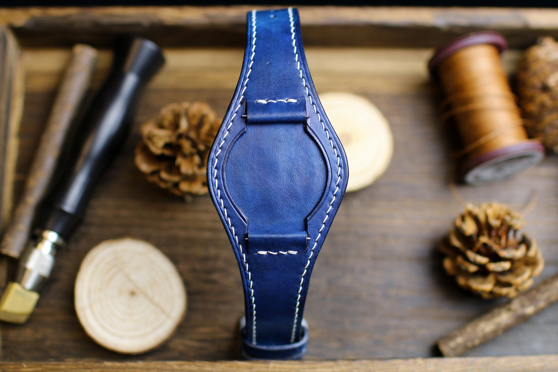 Navy Leather Bund Strap 20mm, 22mm Bund Watch Band 16mm 24mm Leather Watch Band 18mm, Leather Watch Strap Apple Band Watch , Cuff Band Strap