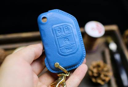 Leather Key Fob Cover For Wrangler 2019 2020 Dodgee Grand Cherokee Ramm Renegade 2021 2022 2023 Wagoneer2024 Rubicon Sahara JK JL Smart Key