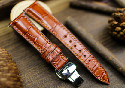 British Tan Brown Leather Alligator Watch Strap 24mm 22mm 21mm 20mm Handmade Leather Watch Band Clasp Leather 18mm 16mm 14mm Deployant Clasp