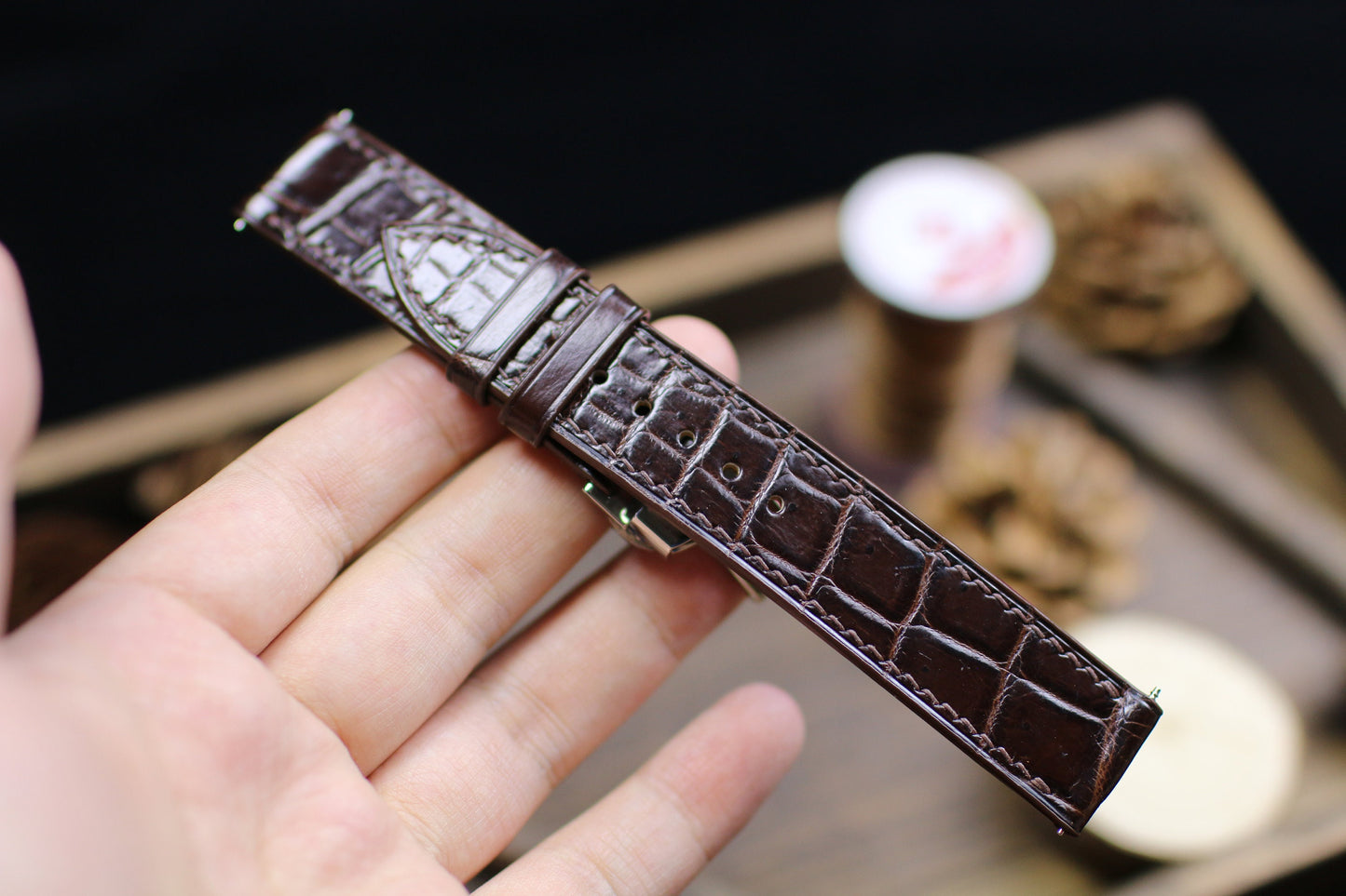 Thin Form Dark Brown Leather Alligator Watch Strap 24mm 22mm 21mm 20mm Leather Watch Band Brown Leather 18mm 16mm 14mm Deployant Clasp