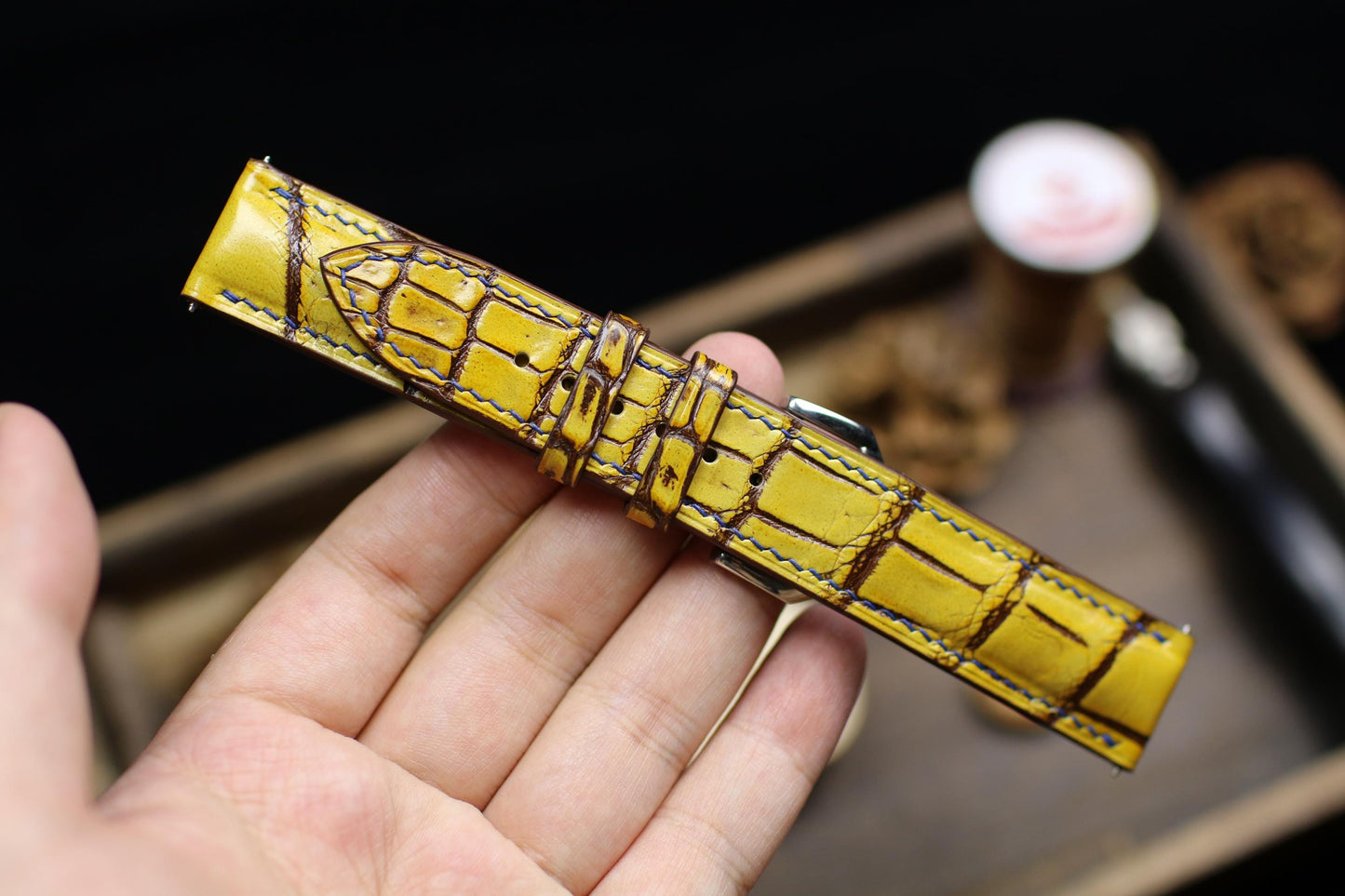 Patina Yellow Alligator Leather Watch Strap 24mm 22mm 21mm 20mm Handmade Leather Watch Band Deployant Clasp Alligator Leather 18mm 16mm 14mm