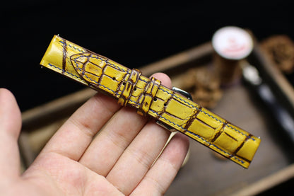 Patina Yellow Alligator Leather Watch Strap 24mm 22mm 21mm 20mm Handmade Leather Watch Band Deployant Clasp Alligator Leather 18mm 16mm 14mm