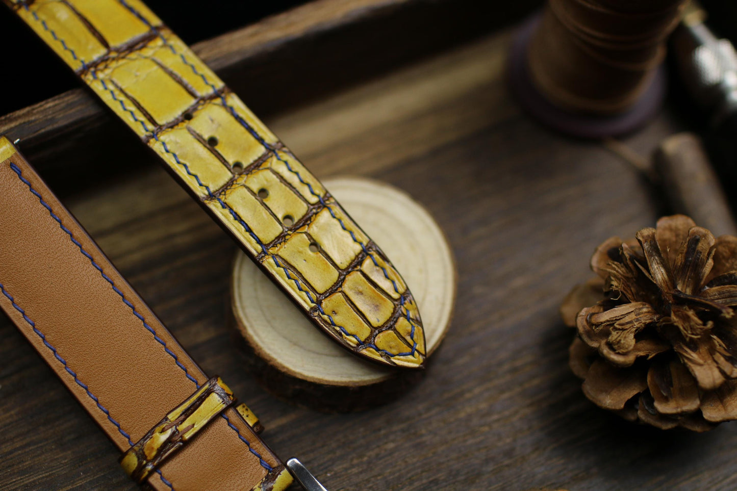Patina Yellow Alligator Leather Watch Strap 24mm 22mm 21mm 20mm Handmade Leather Watch Band Deployant Clasp Alligator Leather 18mm 16mm 14mm