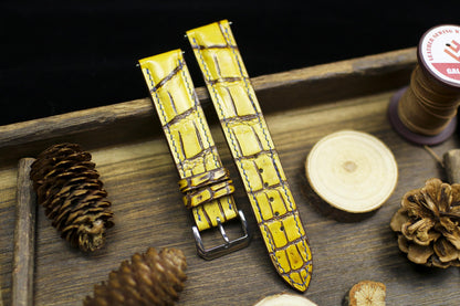 Patina Yellow Alligator Leather Watch Strap 24mm 22mm 21mm 20mm Handmade Leather Watch Band Deployant Clasp Alligator Leather 18mm 16mm 14mm