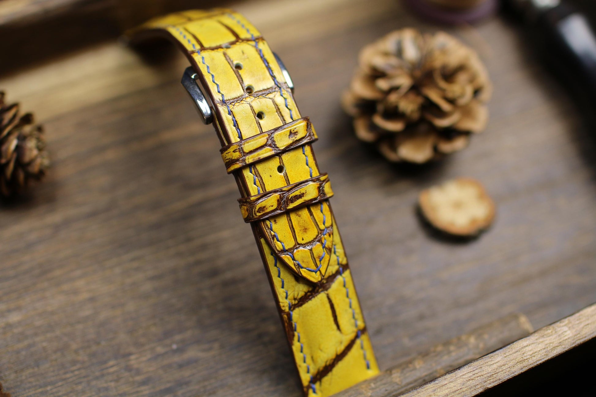 Patina Yellow Alligator Leather Watch Strap 24mm 22mm 21mm 20mm Handmade Leather Watch Band Deployant Clasp Alligator Leather 18mm 16mm 14mm