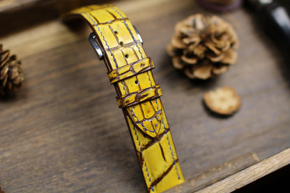 Patina Yellow Alligator Leather Watch Strap 24mm 22mm 21mm 20mm Handmade Leather Watch Band Deployant Clasp Alligator Leather 18mm 16mm 14mm