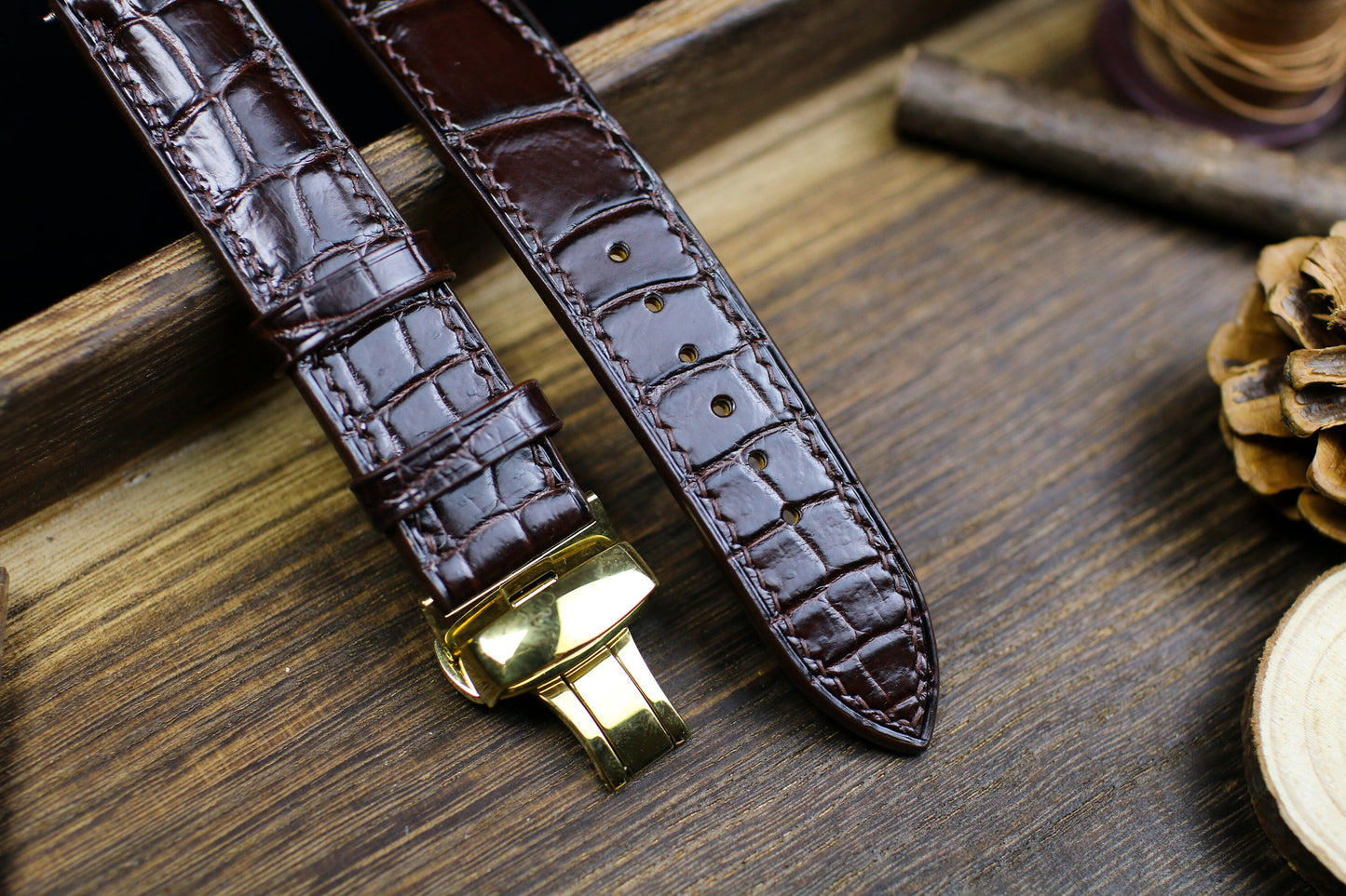 Padded Form Dark Brown Leather Alligator Watch Strap 24mm 22mm 21mm 20mm Leather Watch Band Brown Leather 18mm 16mm 14mm Deployant Clasp