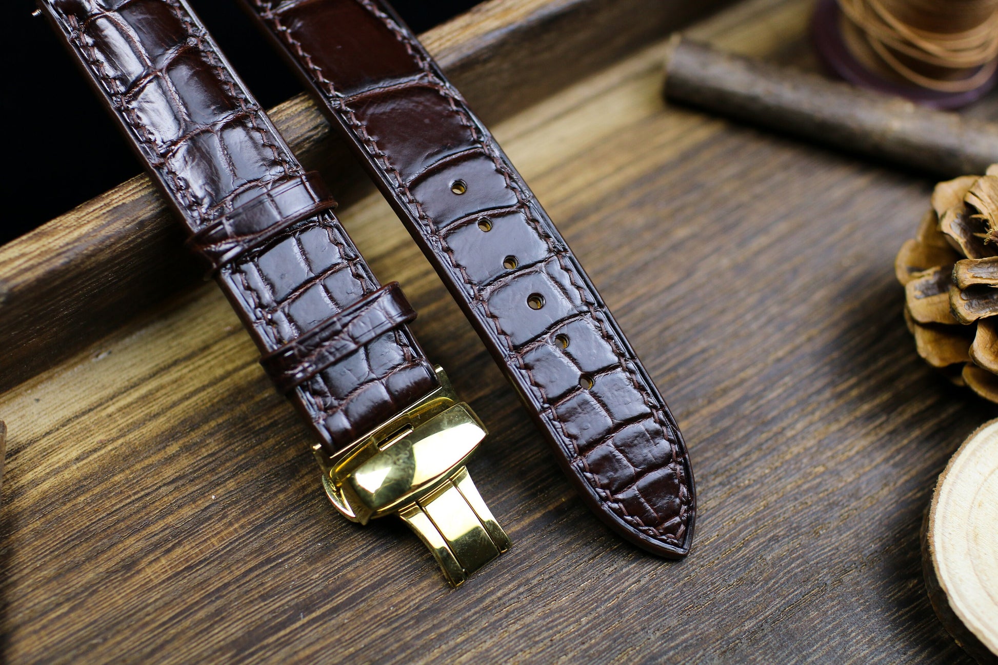 Padded Form Dark Brown Leather Alligator Watch Strap 24mm 22mm 21mm 20mm Leather Watch Band Brown Leather 18mm 16mm 14mm Deployant Clasp