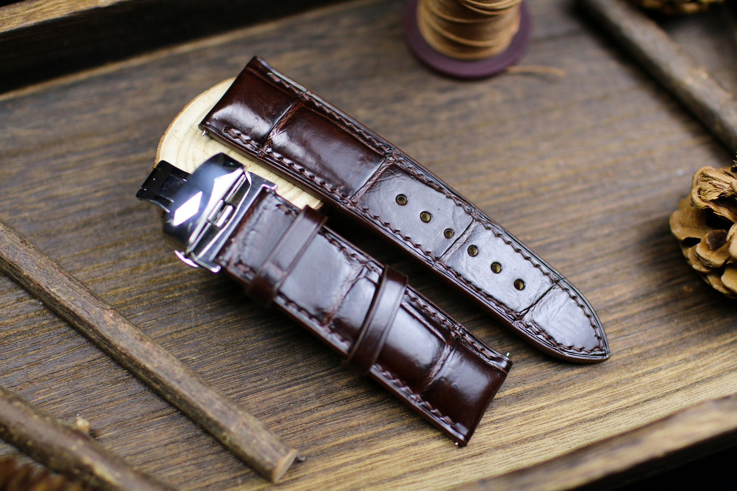 Padded Form Dark Brown Leather Alligator Watch Strap 24mm 22mm 21mm 20mm Leather Watch Band Brown Leather 18mm 16mm 14mm Deployant Clasp