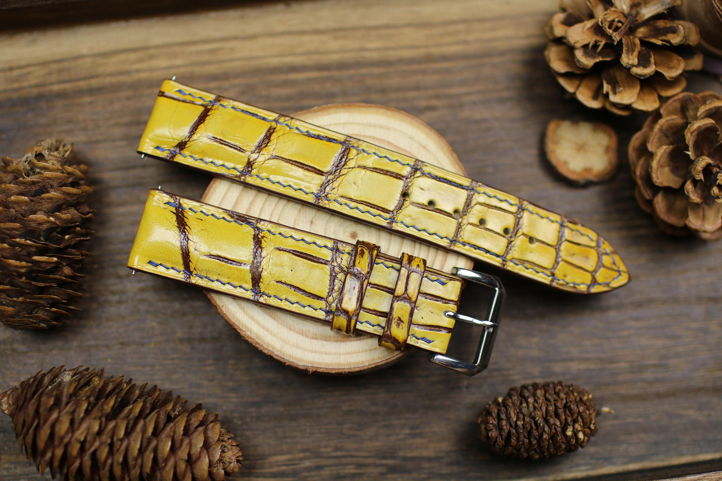 Patina Yellow Alligator Leather Watch Strap 24mm 22mm 21mm 20mm Handmade Leather Watch Band Deployant Clasp Alligator Leather 18mm 16mm 14mm