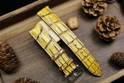 Patina Yellow Alligator Leather Watch Strap 24mm 22mm 21mm 20mm Handmade Leather Watch Band Deployant Clasp Alligator Leather 18mm 16mm 14mm