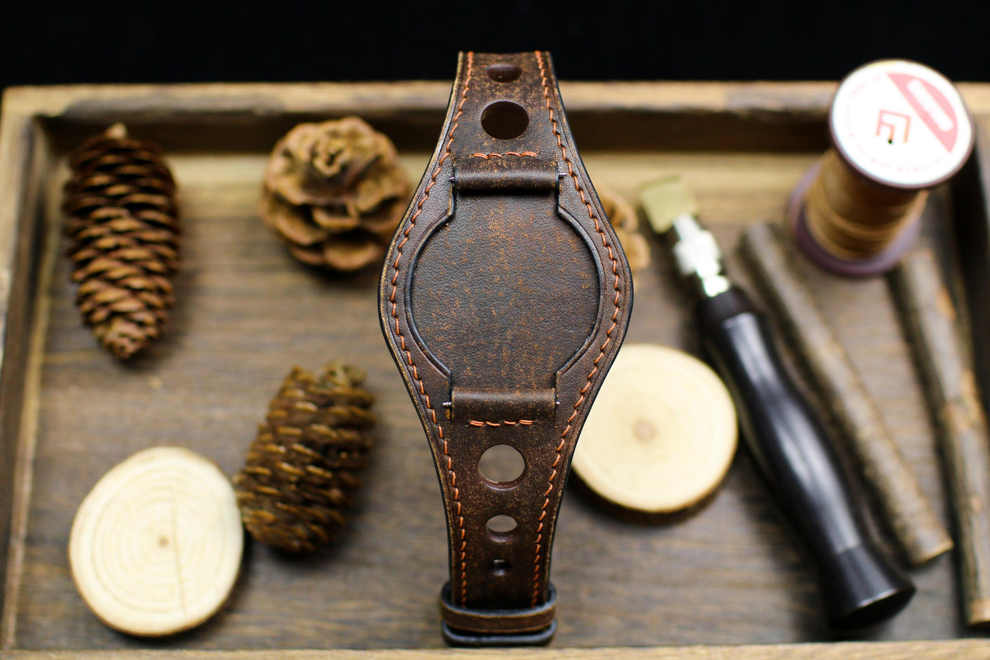 Waxy Brown Leather Rally Holes Bund Strap 20mm 22mm Bund Watch Band 16mm 24mm Leather Watch Band 18mm Watch Strap Smart Watch Band Cuff Band