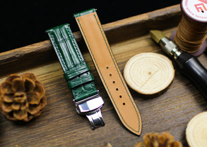 Green Alligator Leather Padded Watch Strap 24mm 22mm 21mm 20mm Handmade Leather Watch Band Deployant Clasp Alligator Leather 18mm 16mm 14mm