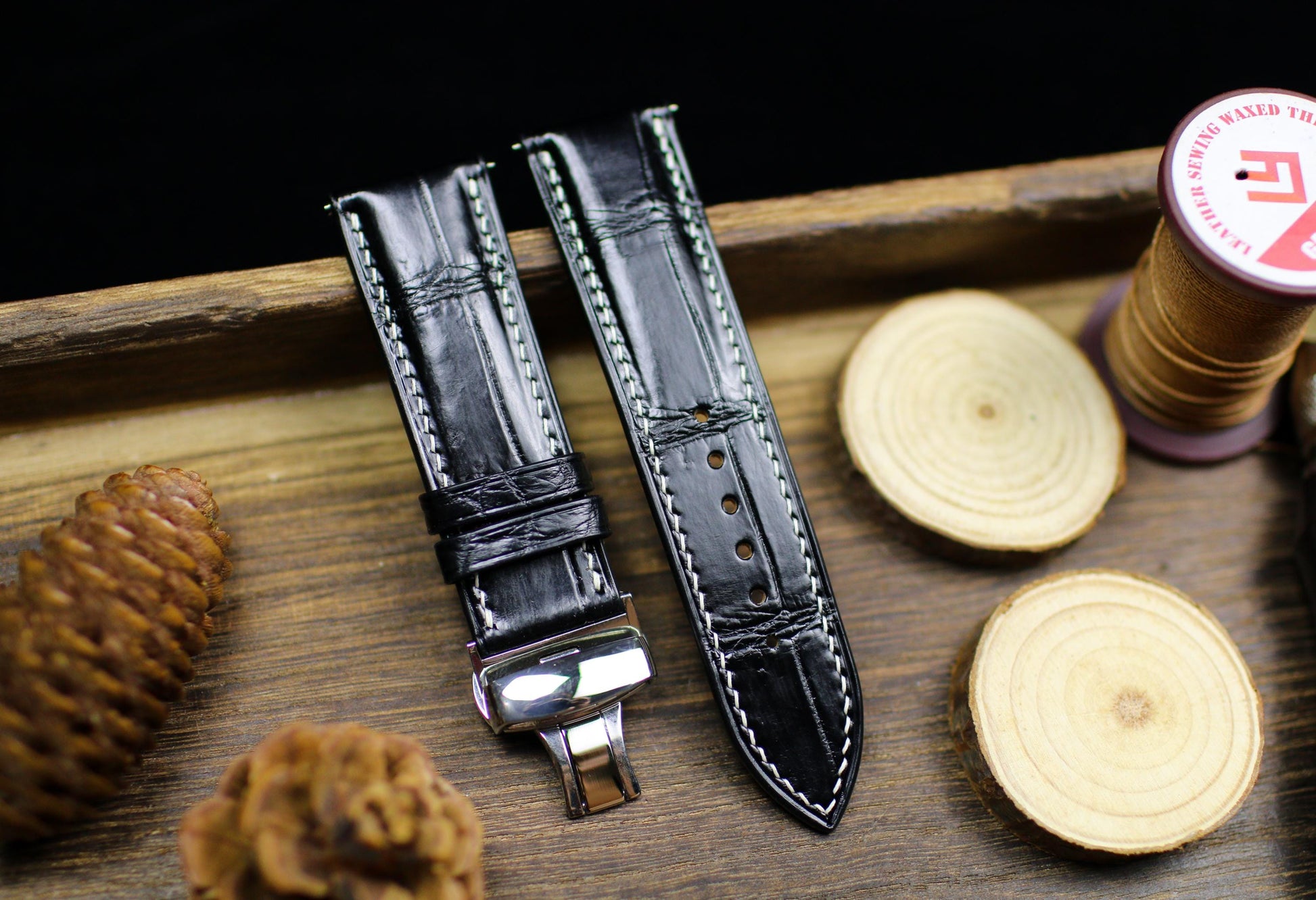 Black Alligator Leather Watch Strap 24mm 22mm 21mm 20mm Handmade Leather Watch Band Deployant Clasp Alligator Leather 18mm 16mm 14mm