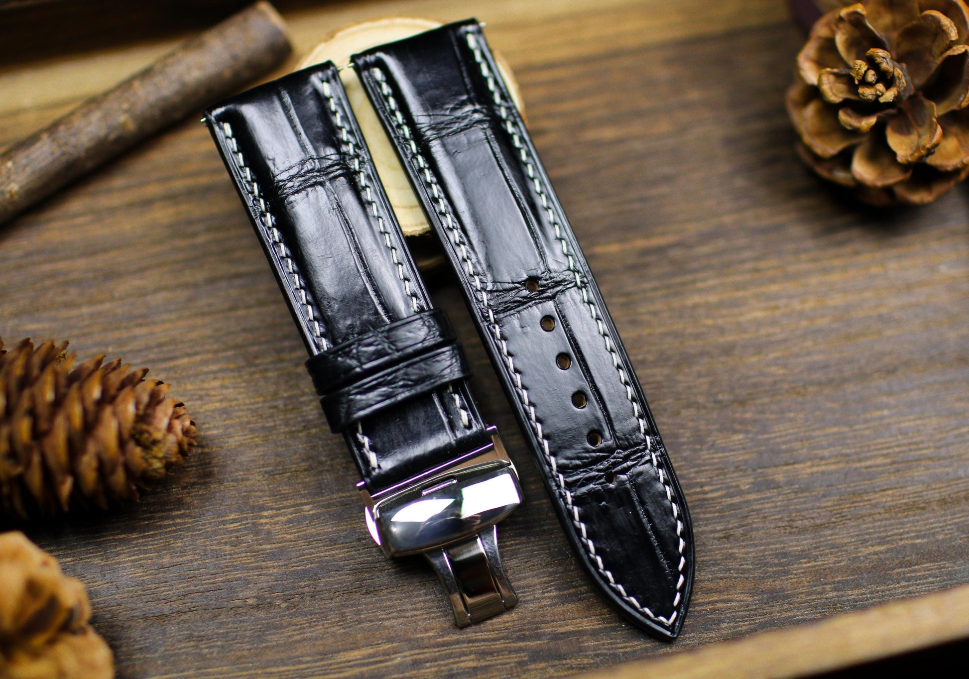 Black Alligator Leather Watch Strap 24mm 22mm 21mm 20mm Handmade Leather Watch Band Deployant Clasp Alligator Leather 18mm 16mm 14mm