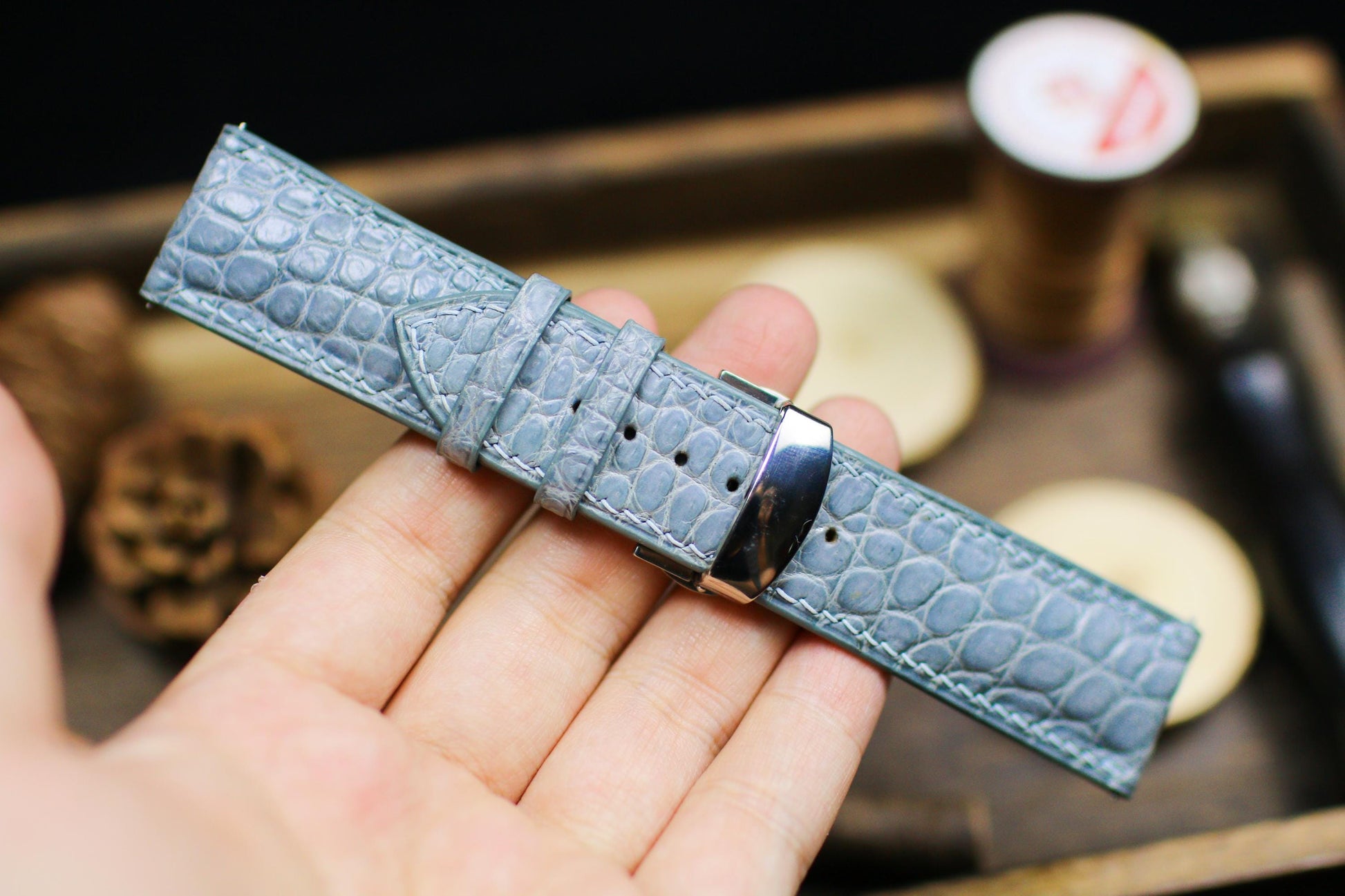 Light Grey Alligator Leather Watch Strap 24mm 22mm 21mm 20mm Handmade Gray Leather Watch Band Deployant Clasp Alligator Leather 18mm 16m