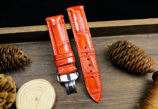 Orange Alligator Leather Watch Strap 24mm 22mm 21mm 20mm Handmade Orange Leather Watch Band Deployant Clasp Alligator Leather 18mm 16m 14mm