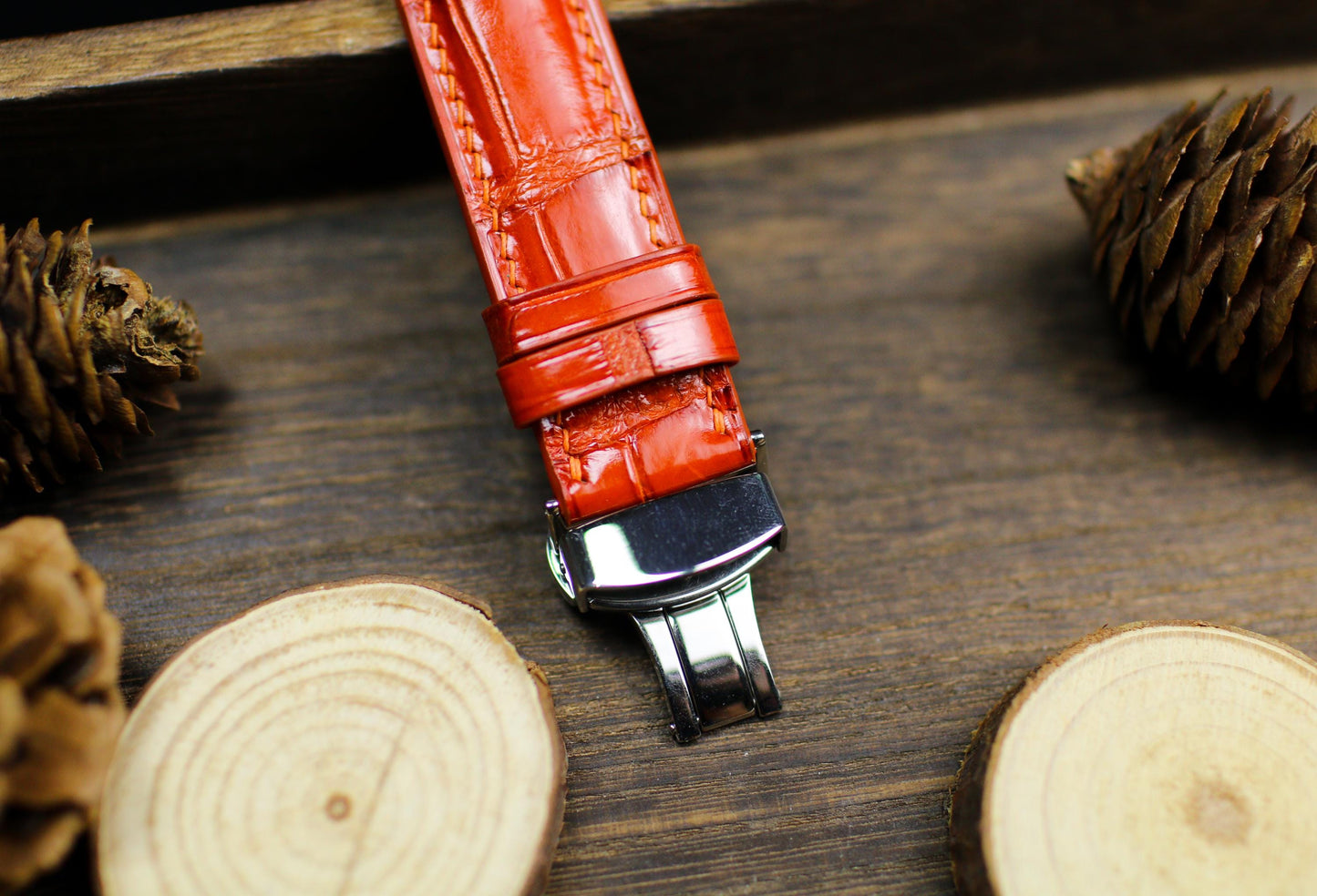 Orange Alligator Leather Watch Strap 24mm 22mm 21mm 20mm Handmade Orange Leather Watch Band Deployant Clasp Alligator Leather 18mm 16m 14mm