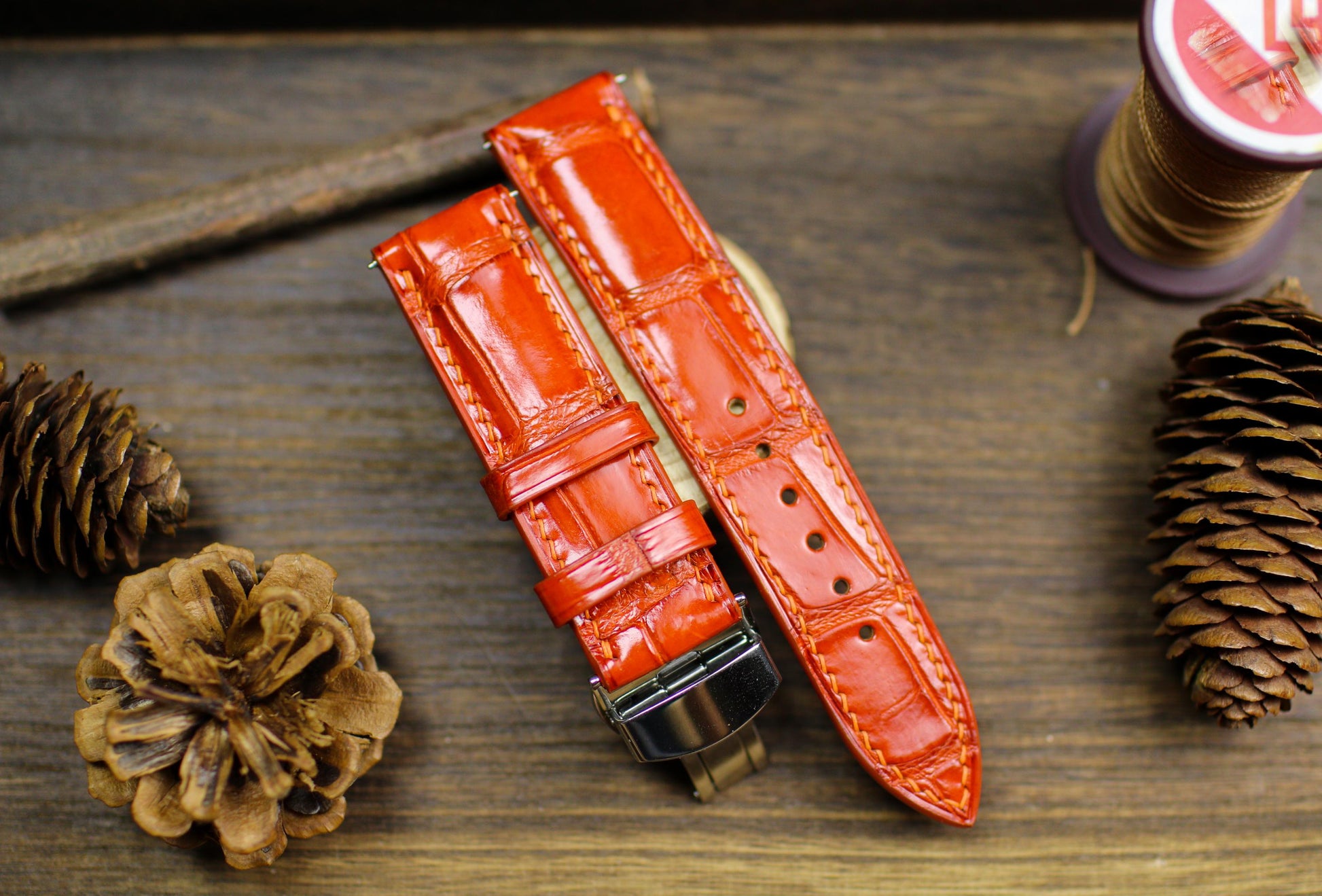 Orange Alligator Leather Watch Strap 24mm 22mm 21mm 20mm Handmade Orange Leather Watch Band Deployant Clasp Alligator Leather 18mm 16m 14mm