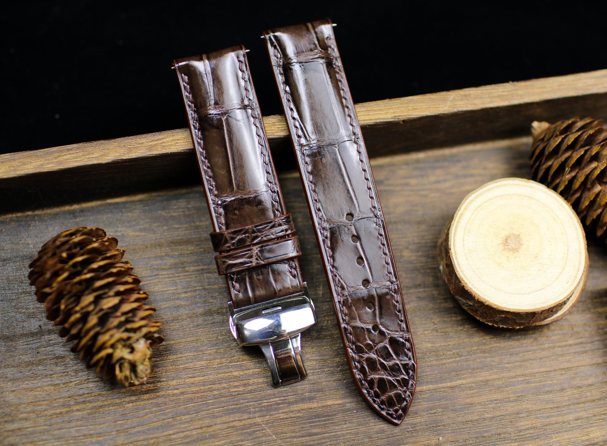 Dark Brown Leather Alligator Watch Strap 24mm 22mm 21mm 20mm Brown Alligator Leather Watch Band Brown Leather 18mm 16mm 14mm Deployant Clasp