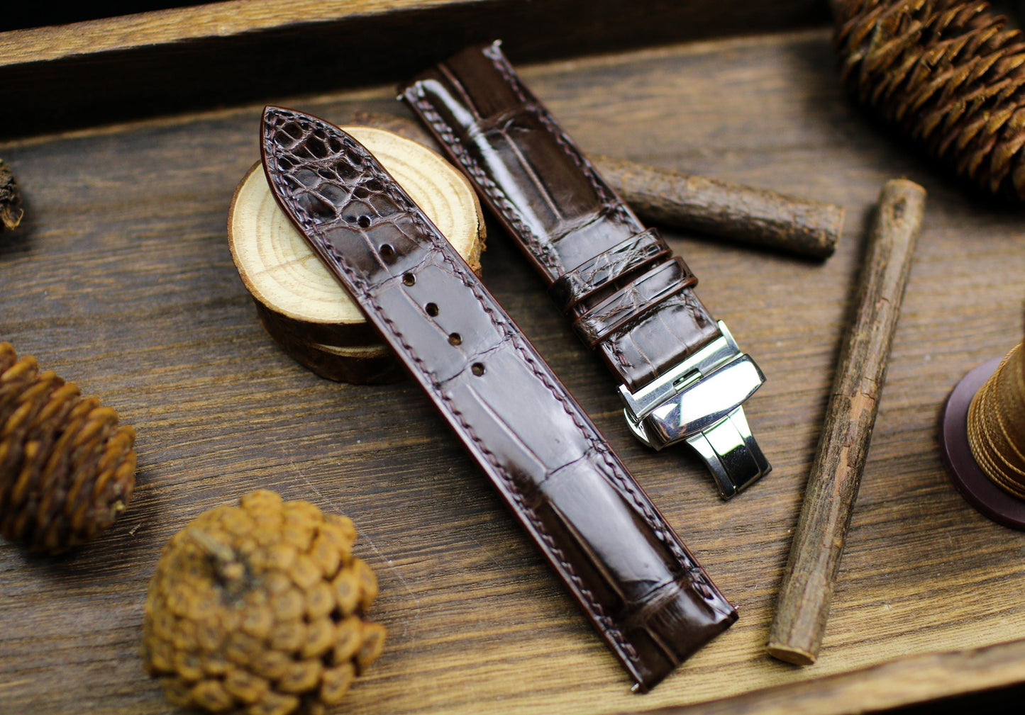 Dark Brown Leather Alligator Watch Strap 24mm 22mm 21mm 20mm Brown Alligator Leather Watch Band Brown Leather 18mm 16mm 14mm Deployant Clasp