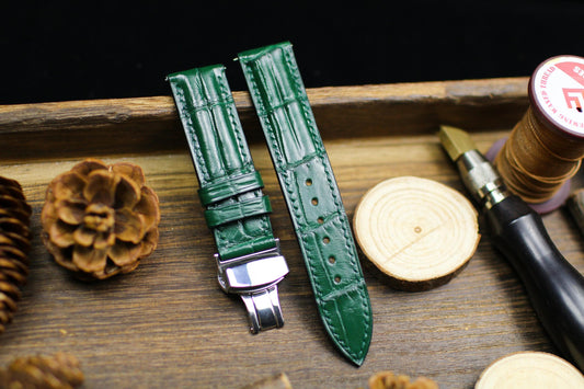 Green Alligator Leather Padded Watch Strap 24mm 22mm 21mm 20mm Handmade Leather Watch Band Deployant Clasp Alligator Leather 18mm 16mm 14mm