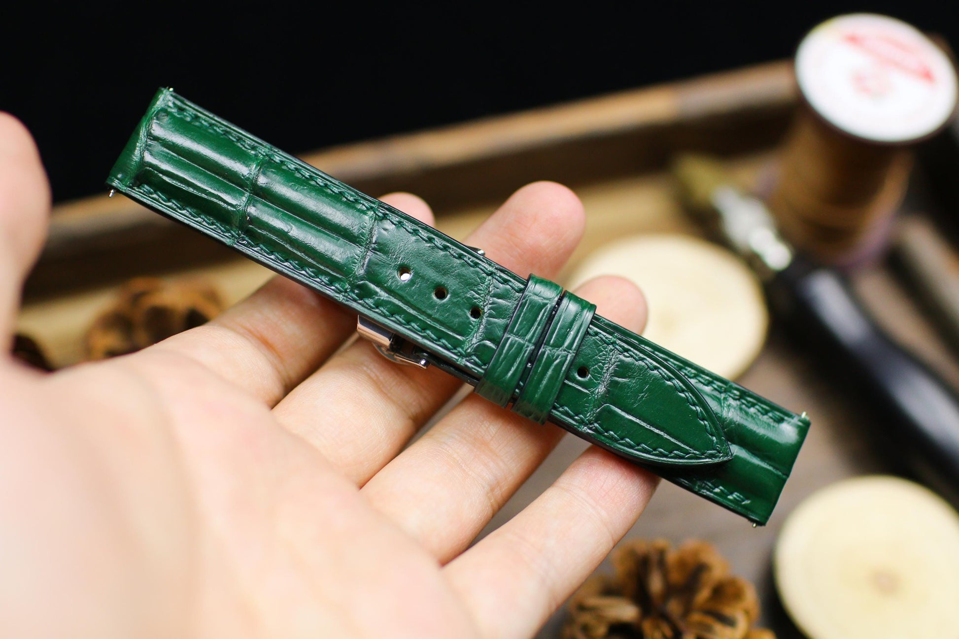 Green Alligator Leather Padded Watch Strap 24mm 22mm 21mm 20mm Handmade Leather Watch Band Deployant Clasp Alligator Leather 18mm 16mm 14mm