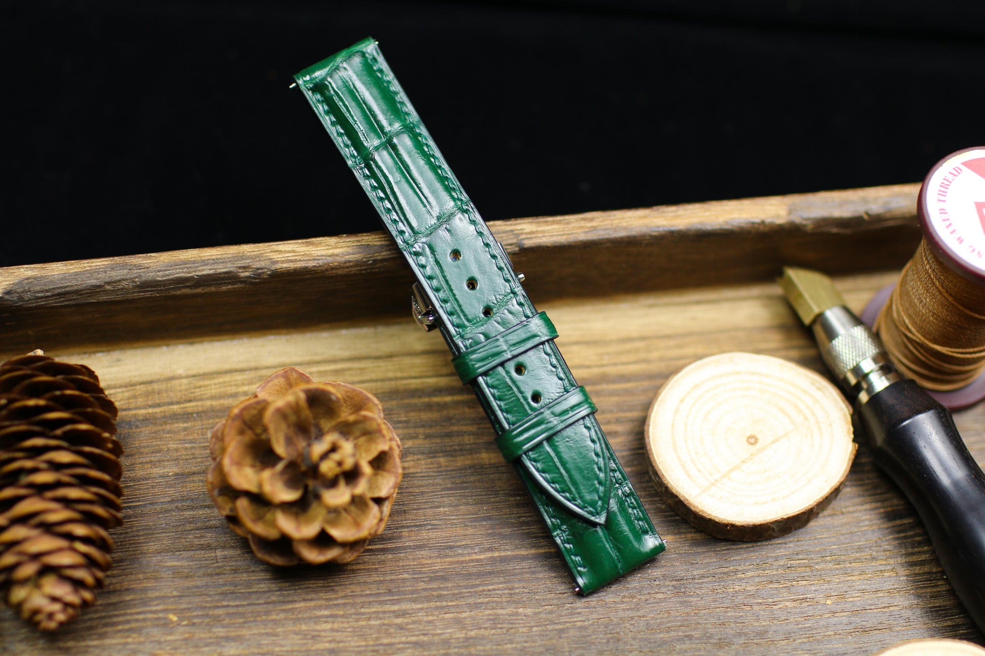 Green Alligator Leather Padded Watch Strap 24mm 22mm 21mm 20mm Handmade Leather Watch Band Deployant Clasp Alligator Leather 18mm 16mm 14mm