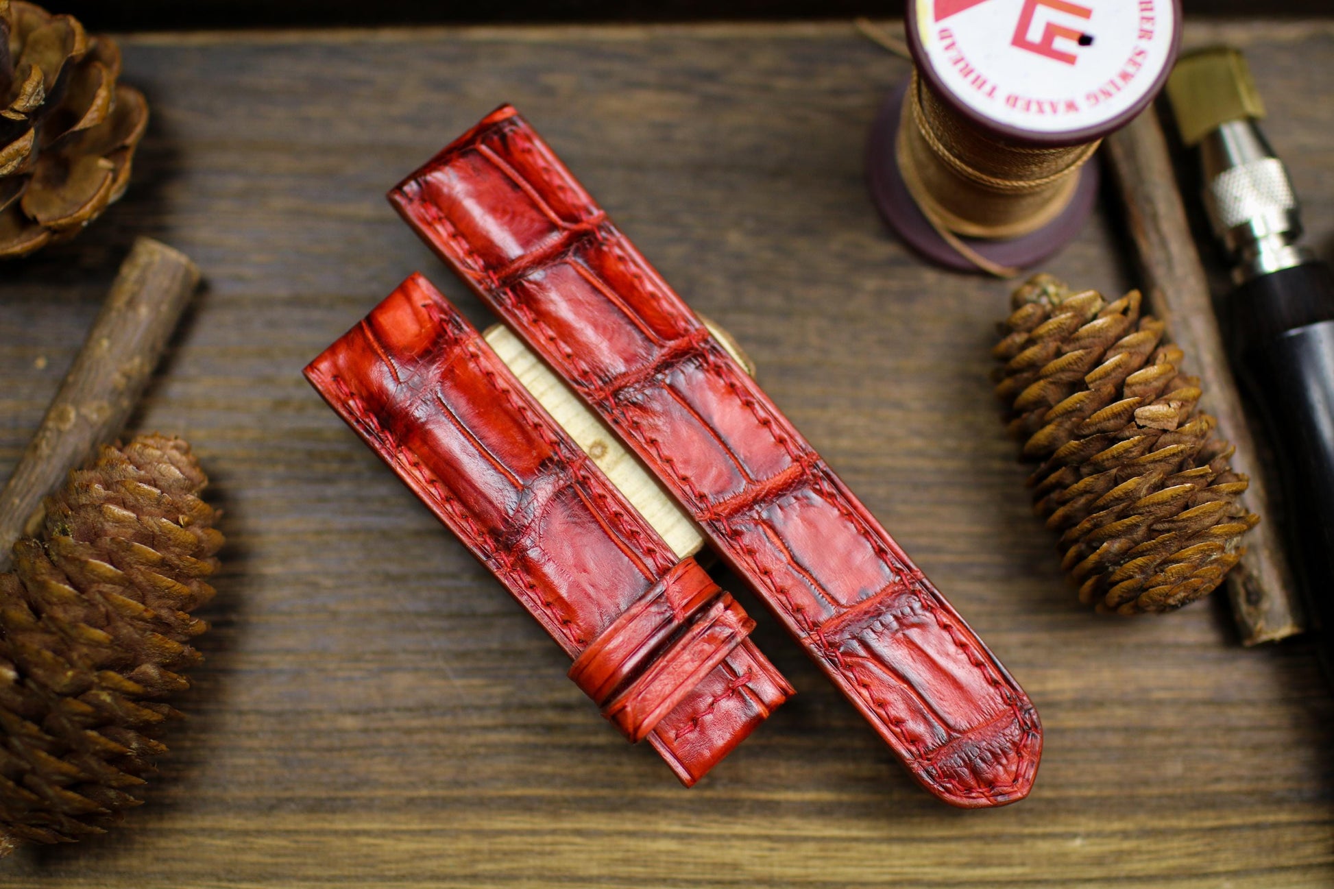 Patina Red Alligator Leather Watch Strap Sizes 14mm 15mm 16mm 18mm 19mm 20mm 21mm 22mm 23mm 24mm Leather Watch Band Butterfly Clasp Strap