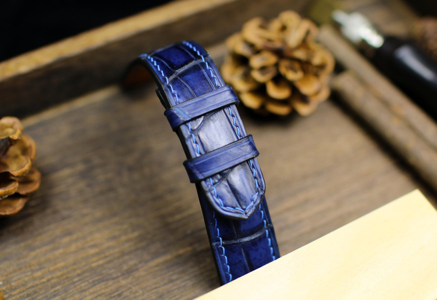 Navy Blue Patina Alligator Leather Watch Strap Size 14mm 15mm 16mm 18mm 19mm 20mm 21 22mm 23mm 24mm Leather Watch Band Butterfly Clasp Strap