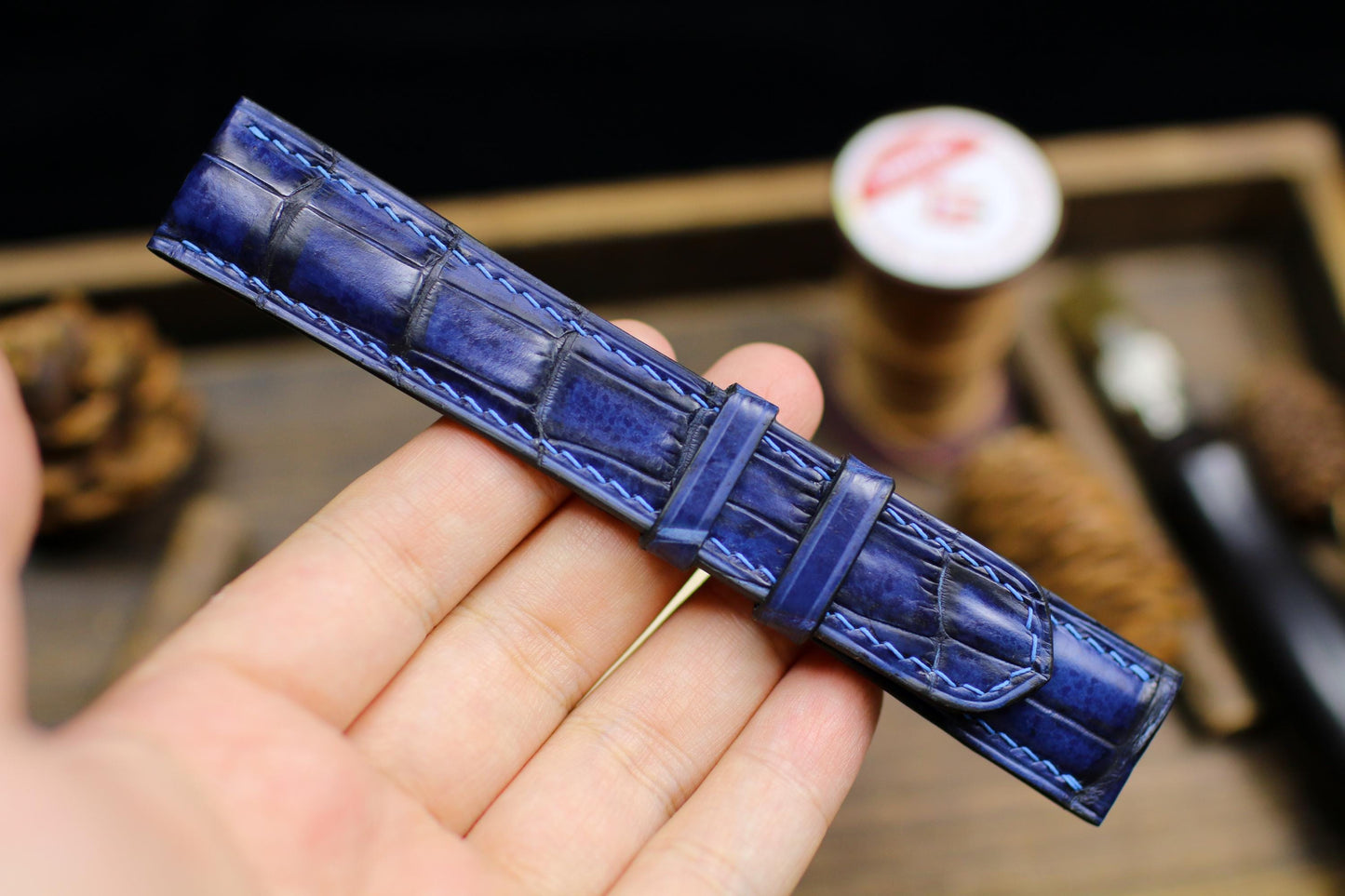 Navy Blue Patina Alligator Leather Watch Strap Size 14mm 15mm 16mm 18mm 19mm 20mm 21 22mm 23mm 24mm Leather Watch Band Butterfly Clasp Strap