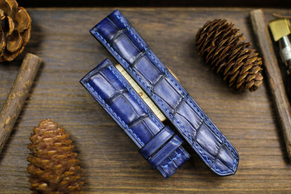 Navy Blue Patina Alligator Leather Watch Strap Size 14mm 15mm 16mm 18mm 19mm 20mm 21 22mm 23mm 24mm Leather Watch Band Butterfly Clasp Strap