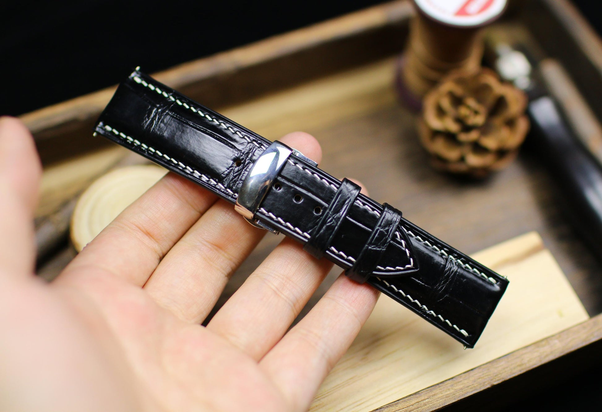 Black Alligator Leather Watch Strap 24mm 22mm 21mm 20mm Handmade Leather Watch Band Deployant Clasp Alligator Leather 18mm 16mm 14mm