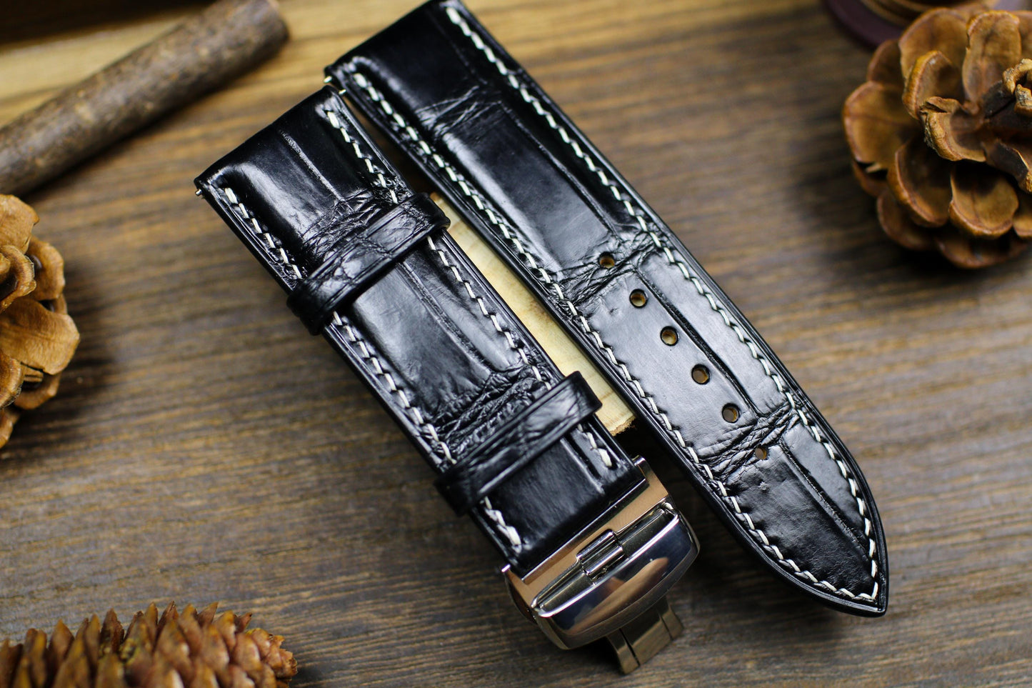 Black Alligator Leather Watch Strap 24mm 22mm 21mm 20mm Handmade Leather Watch Band Deployant Clasp Alligator Leather 18mm 16mm 14mm