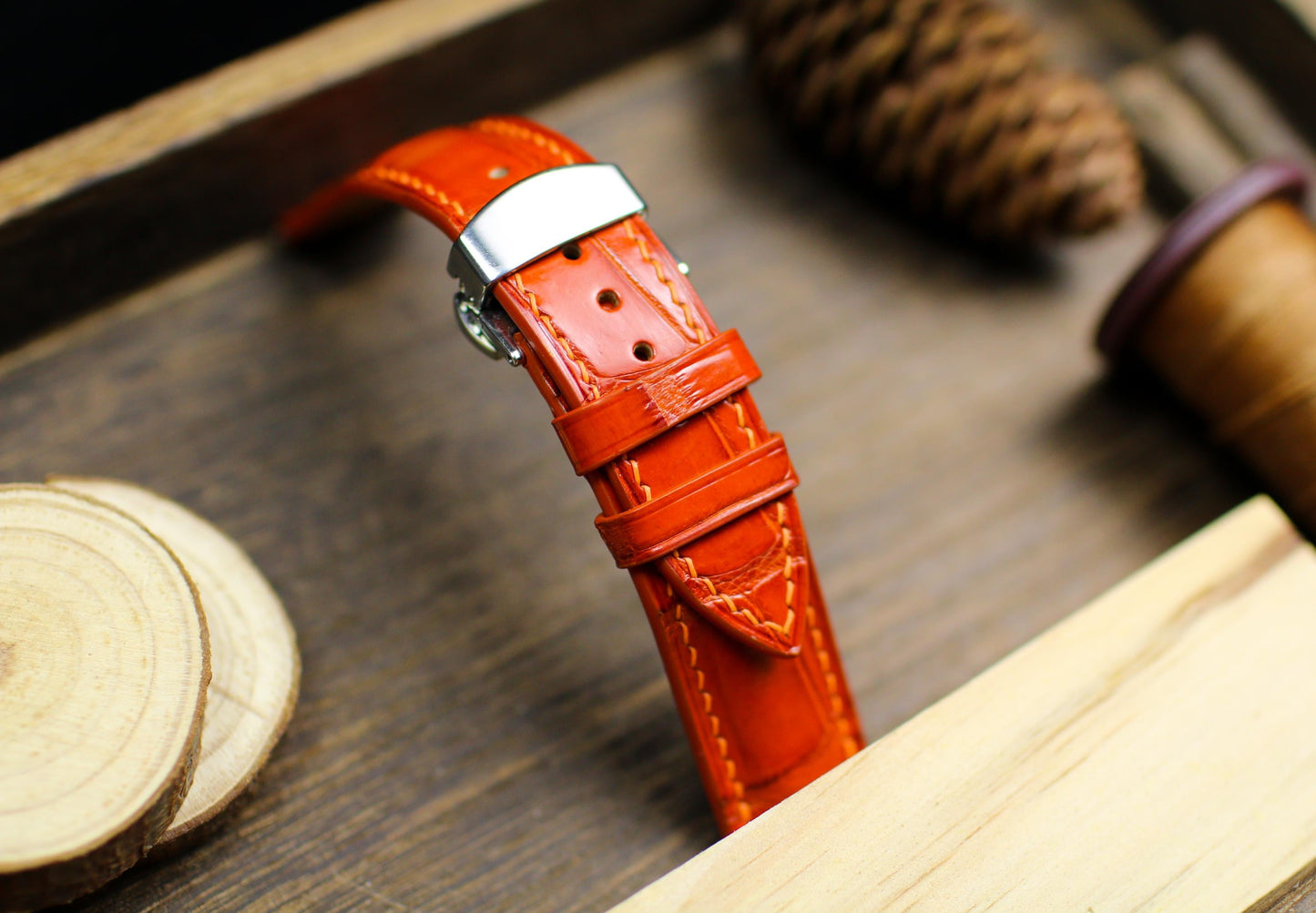 Orange Alligator Leather Watch Strap 24mm 22mm 21mm 20mm Handmade Orange Leather Watch Band Deployant Clasp Alligator Leather 18mm 16m 14mm