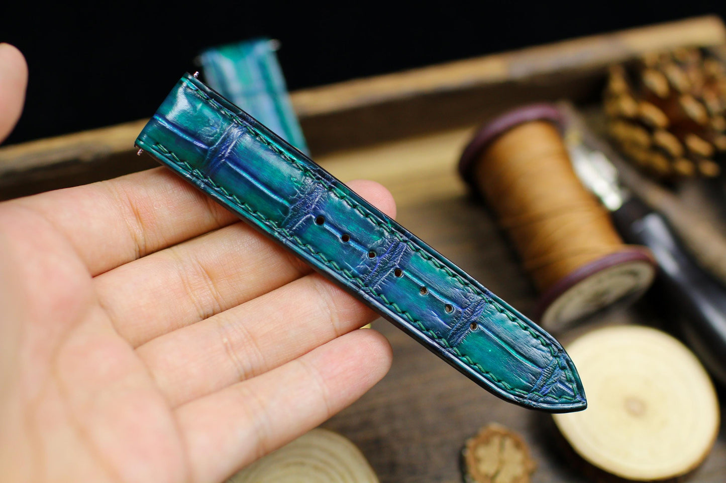 Teal Color Alligator Leather Watch Strap 24mm 22mm 21mm 20mm Handmade Green Leather Watch Band Deployant Clasp Alligator Leather 18mm 16mm