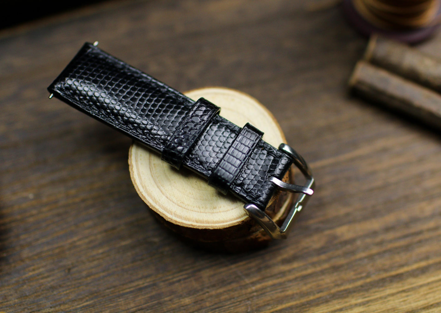 Lizard Black Leather Watch Strap 24mm 22mm 21mm 20mm Handmade Black Leather Lizard Watch Band Lizard Leather Watch Strap 18mm 16mm 14mm