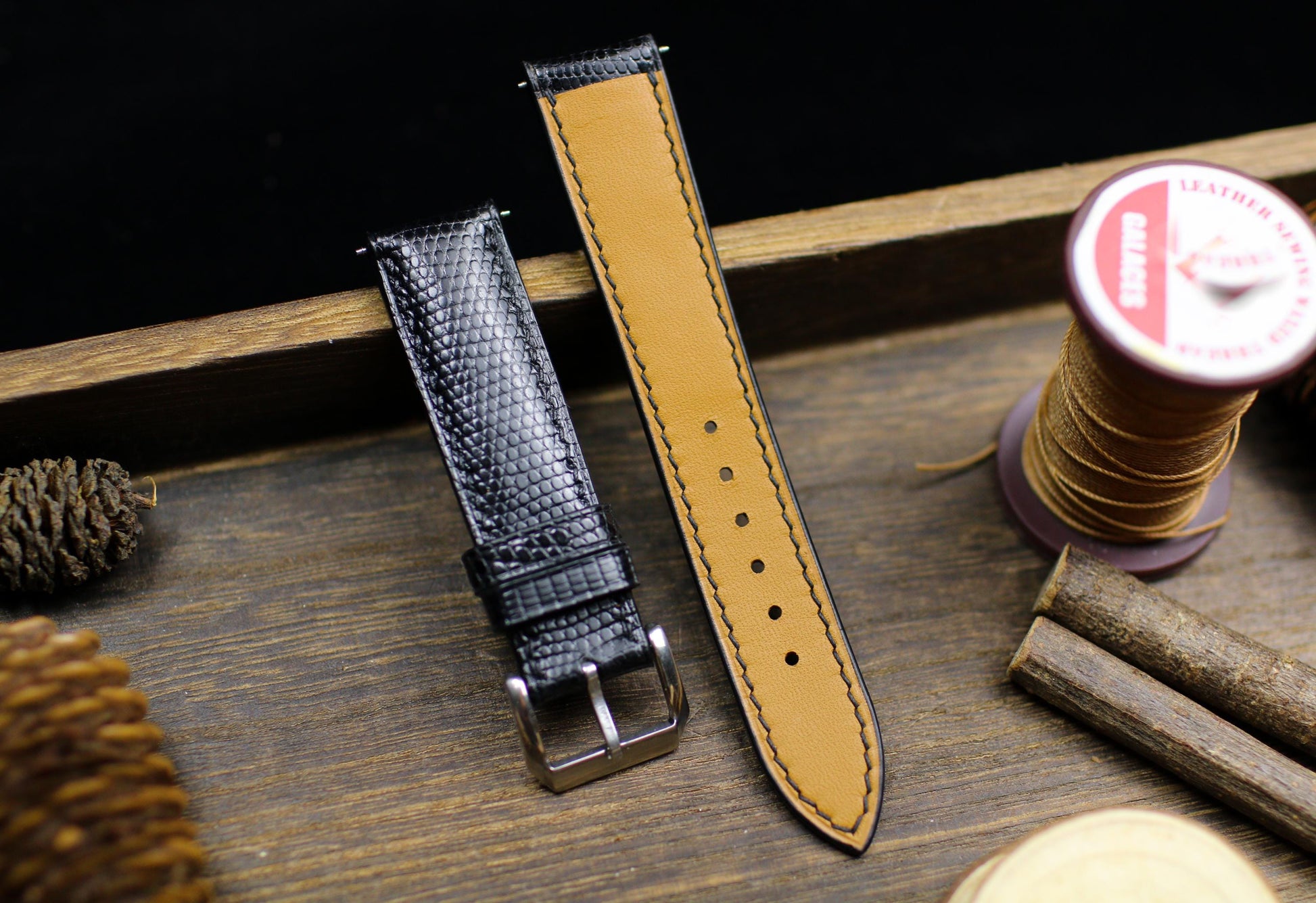 Medium Shine Black Lizard Leather Watch Strap 24mm 22mm 21mm 20mm Handmade Black Leather Lizard Watch Band Lizard Leather 18mm 16mm 14mm