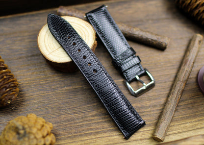 Medium Shine Black Lizard Leather Watch Strap 24mm 22mm 21mm 20mm Handmade Black Leather Lizard Watch Band Lizard Leather 18mm 16mm 14mm
