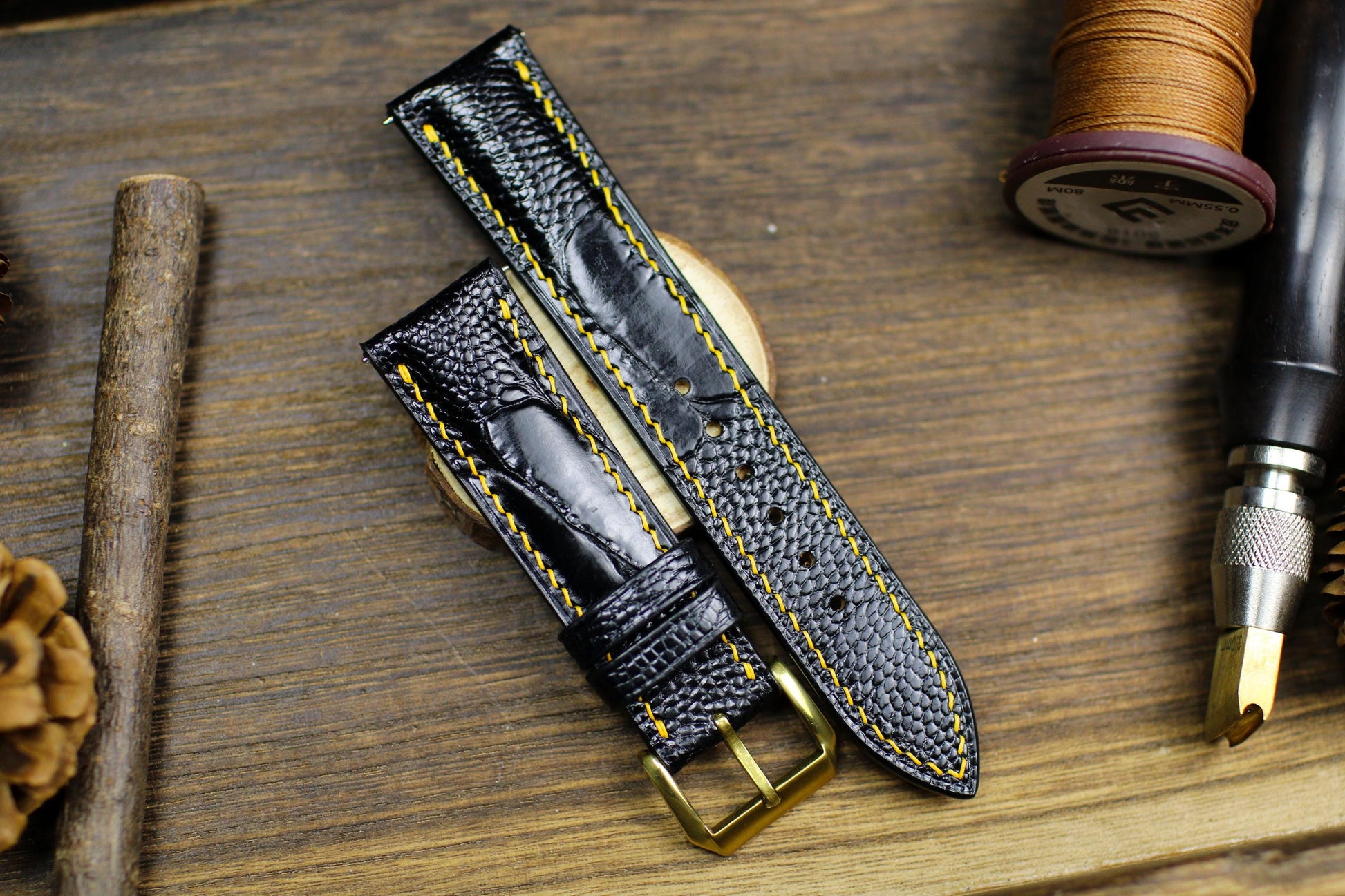 Black Ostrich Foot Leather Watch Strap 24mm 22mm 21mm 20mm Handmade Leather Watch Band Ostrich Leg Leather Strap Butterfly Clasp 18mm 16mm